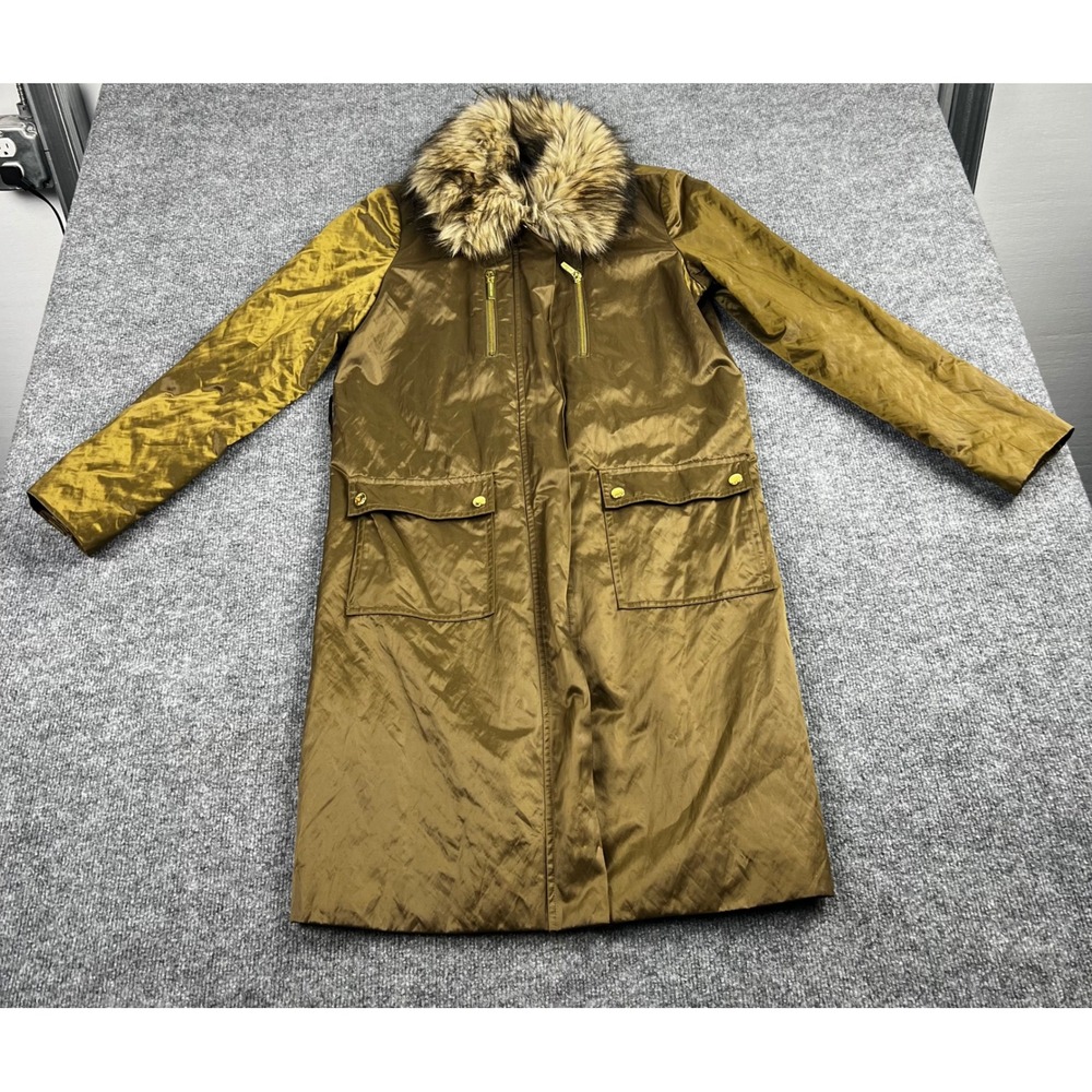 Michael Kors Longline Parka Coat Faux Fur Collar Olive Bronze Gold Hardware